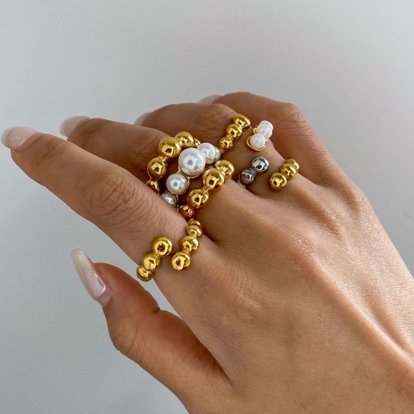 Minimalist Geometric Pearl Inlay Plated Stainless Steel Ring for Women