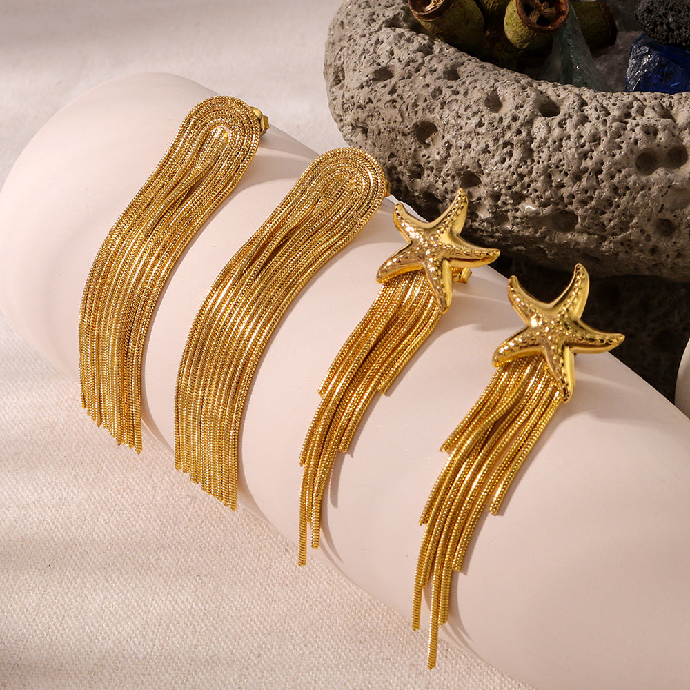 Minimalist Star-Shaped Stainless Steel Earrings with 18K Gold Plating for Women — Geometric Asymmetrical Tassel Design for Summer Beach Style