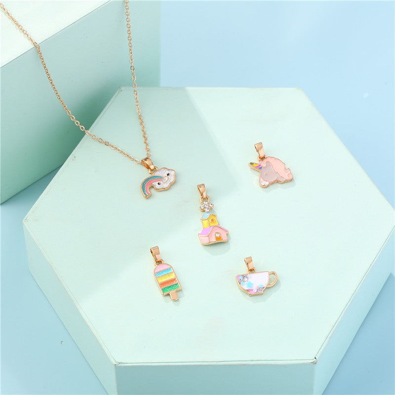 Sweet Cartoon Animal Drip Oil Alloy Charm Bar Necklace with Curb Chain for Kids