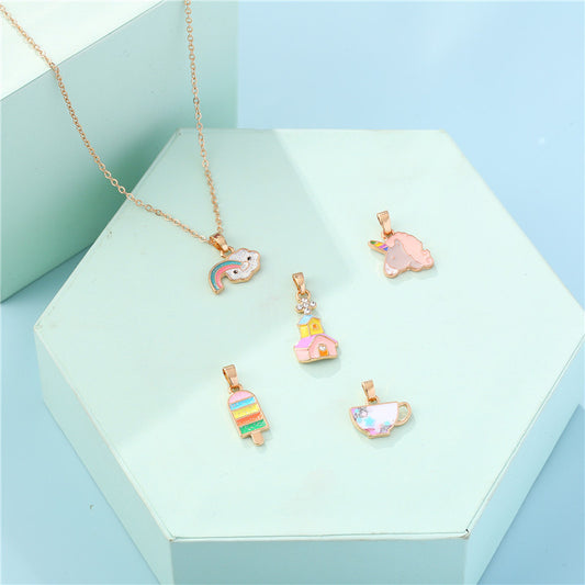 Sweet Cartoon Animal Drip Oil Alloy Charm Bar Necklace with Curb Chain for Kids