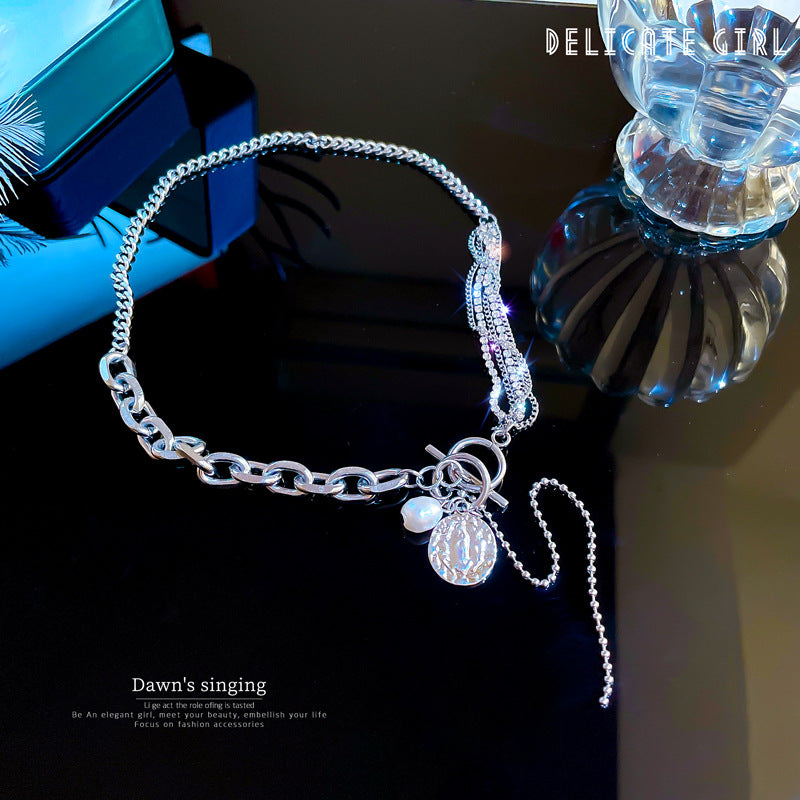 Cartoon-Style T-Shaped Clasp Necklace with Rhinestone Inlay and Pearl Pendant in Titanium Steel for Women