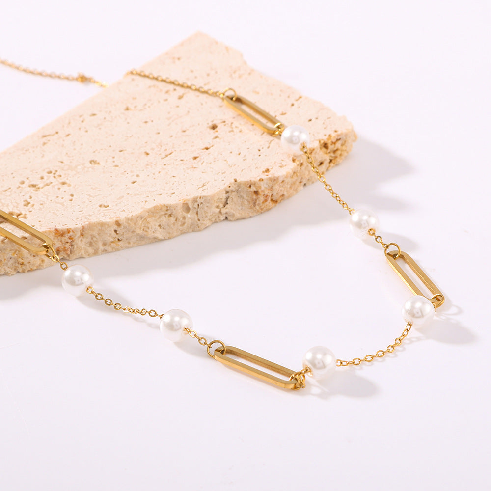 Minimalist Oval Hollow Pearl Necklace in Titanium Steel with 18K Gold Plating on O-Chain for Women