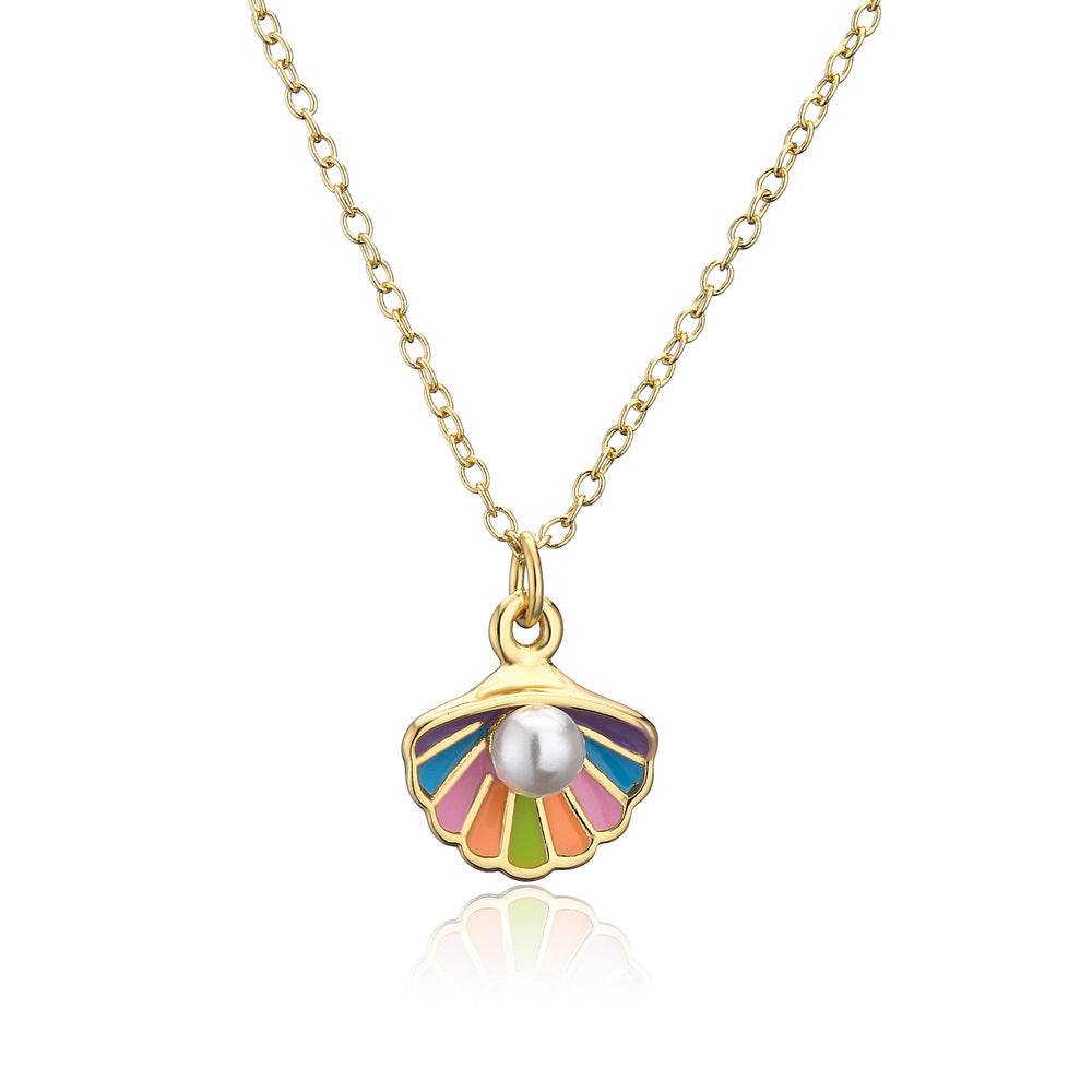 Geometric Drip Oil Gold Plated Brass Pendant Necklace with Pearl