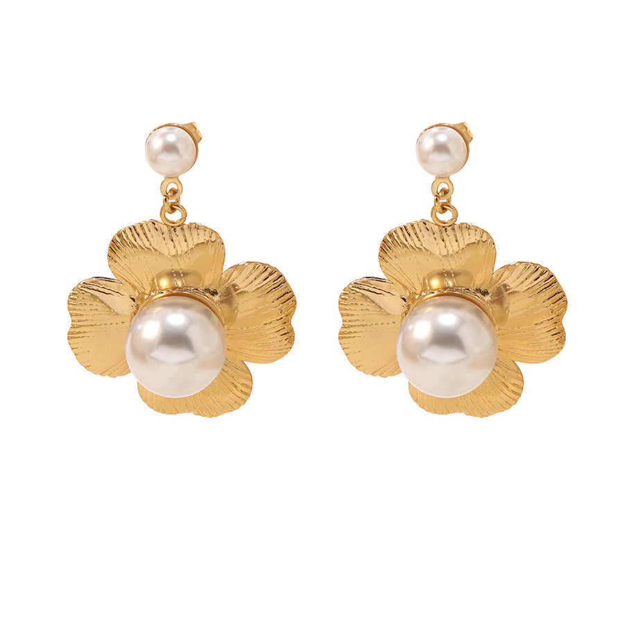Orecchini a perno con perle in acciaio inossidabile, floreali, vintage ed eleganti