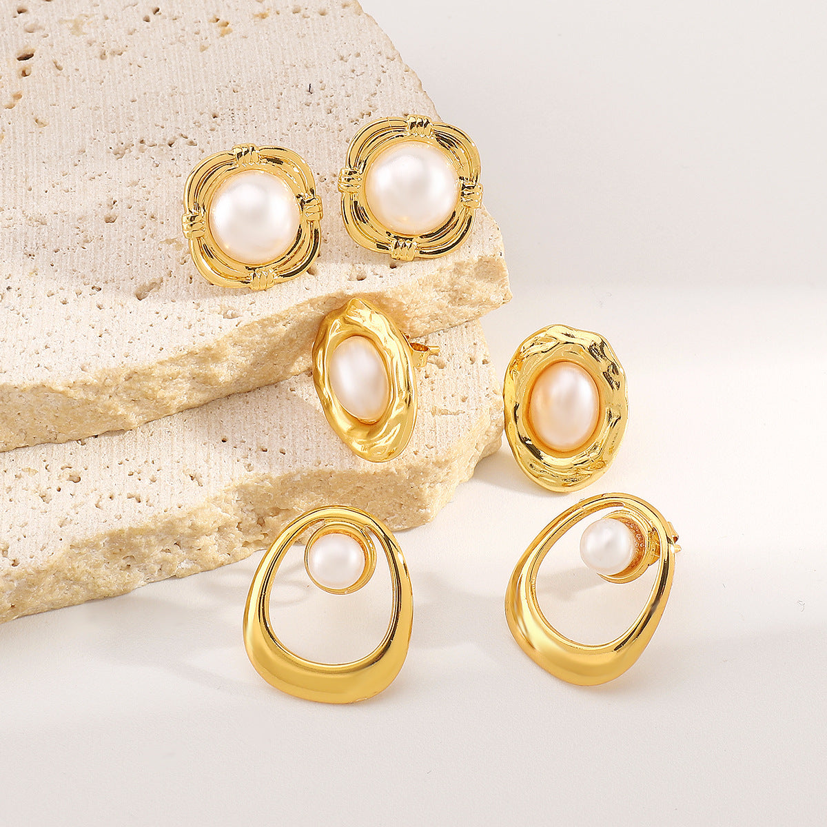 Vintage-Inspired Geometric Stainless Steel Stud Earrings for Women with Pearl Accents and Plated Finish