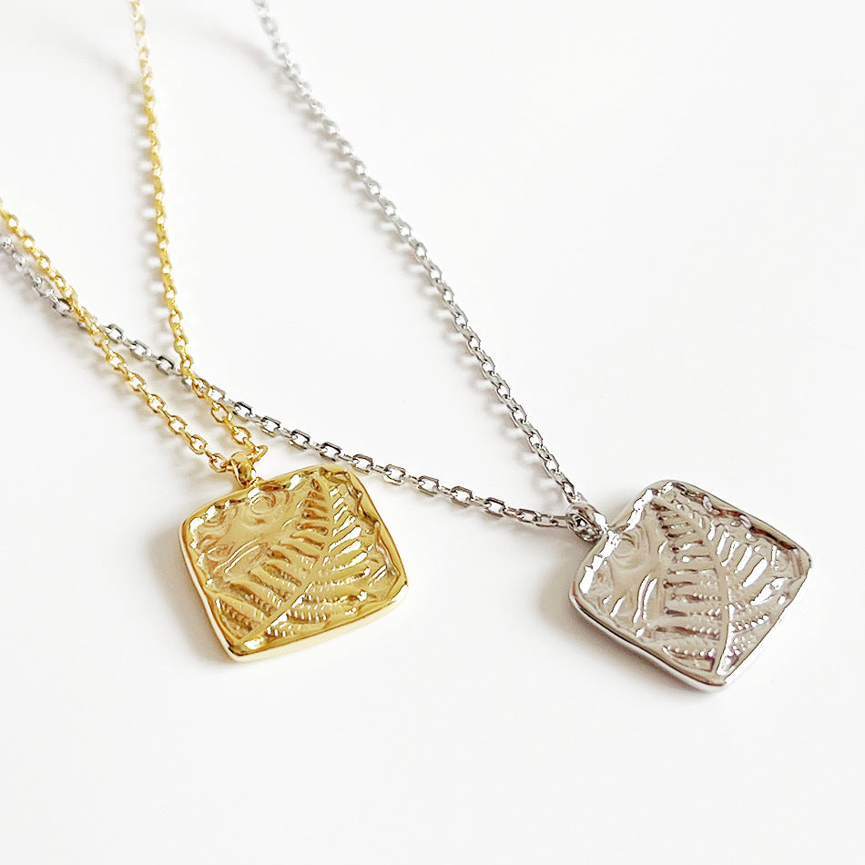 Minimalist Sweet 925 Sterling Silver Rectangle Plant Textured Pendant Necklace for Women