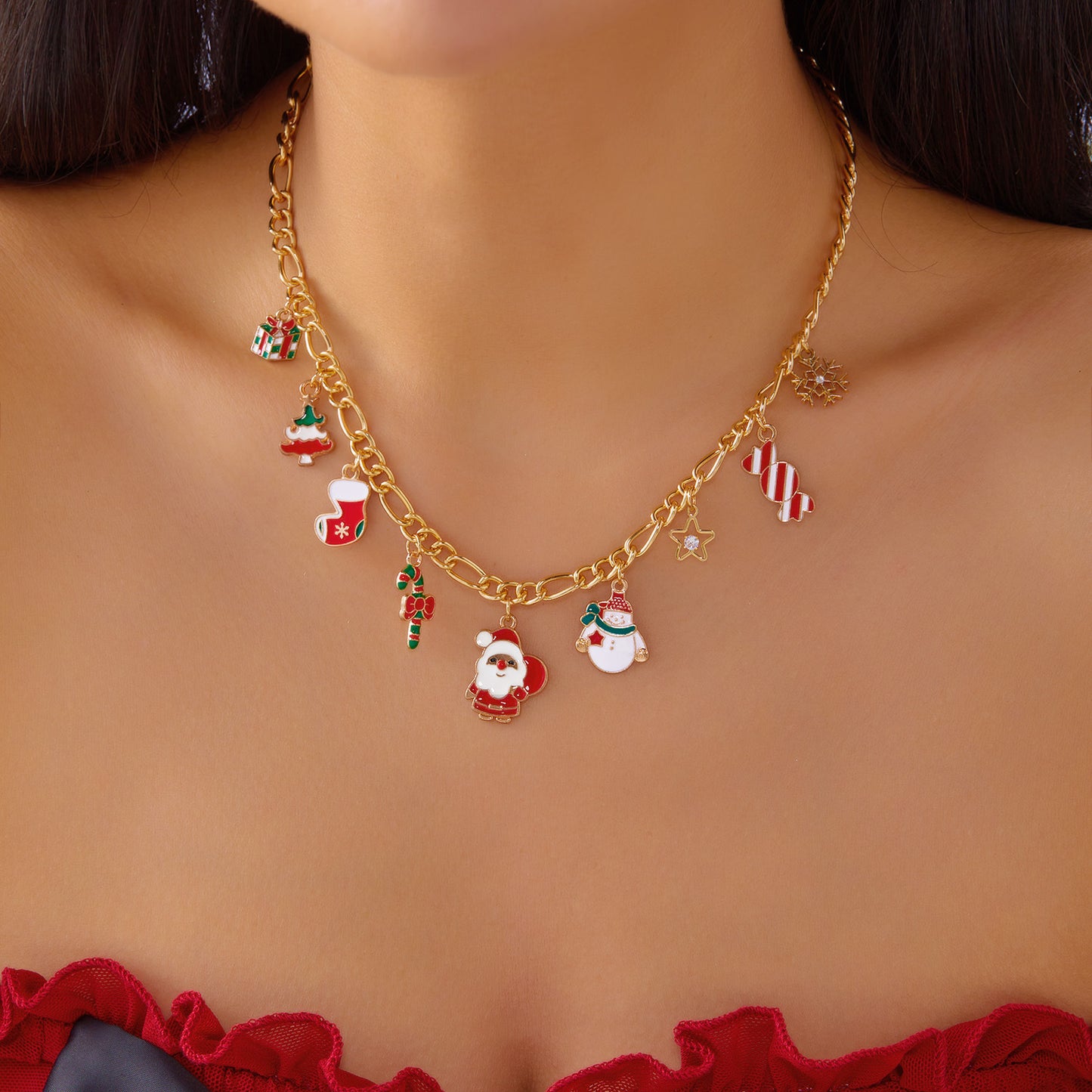 Collana pendente alla moda Babbo Natale e pupazzo di neve per donne con struttura in lega di zinco e finitura placcata