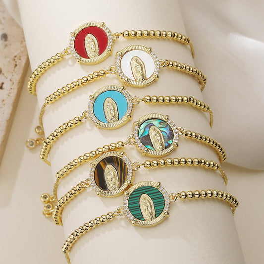 Minimalist Vintage 18K Gold Plated Brass Geometric Bracelet with Cubic Zirconia and Virgin Mary Motif for Women