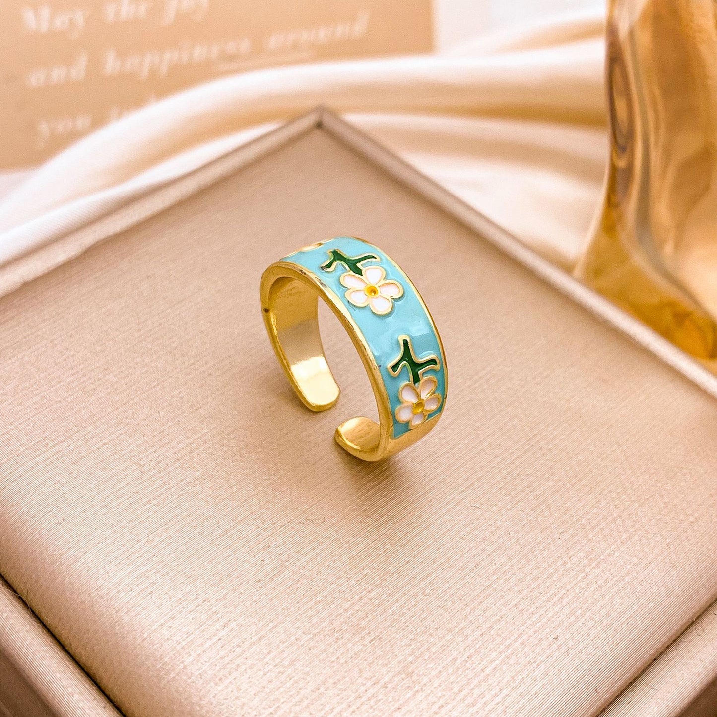 Sweet Minimalist Gold Plated Alloy Ring with Star Moon and Floral Design for Women