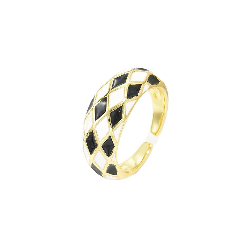 Vintage Geometric Diamond Black and White Checkered Enamel Copper Ring 18K Gold Plated Open Adjustable for Women