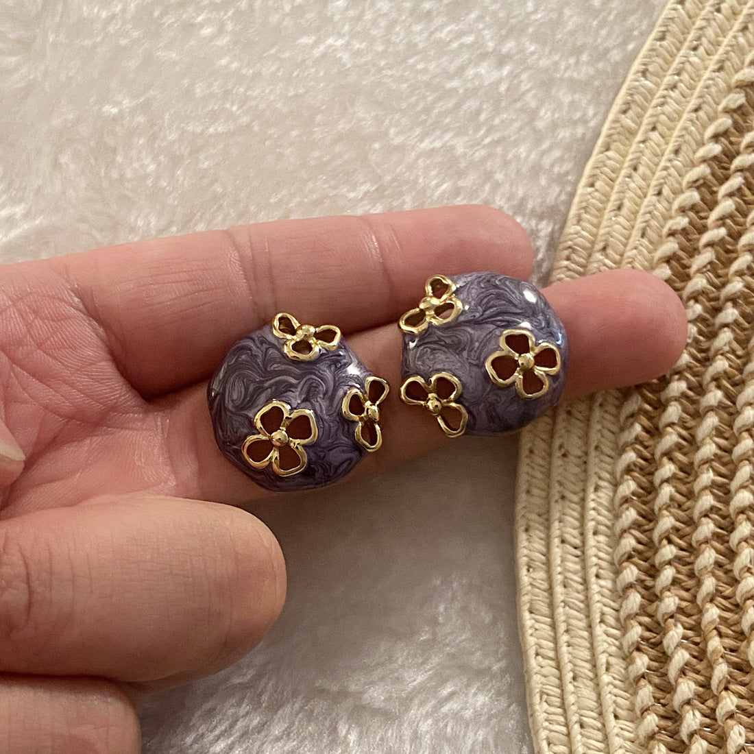 Vintage Floral Enamel Stainless Steel Stud Earrings with Hollow-Out Round Flower Design for Women