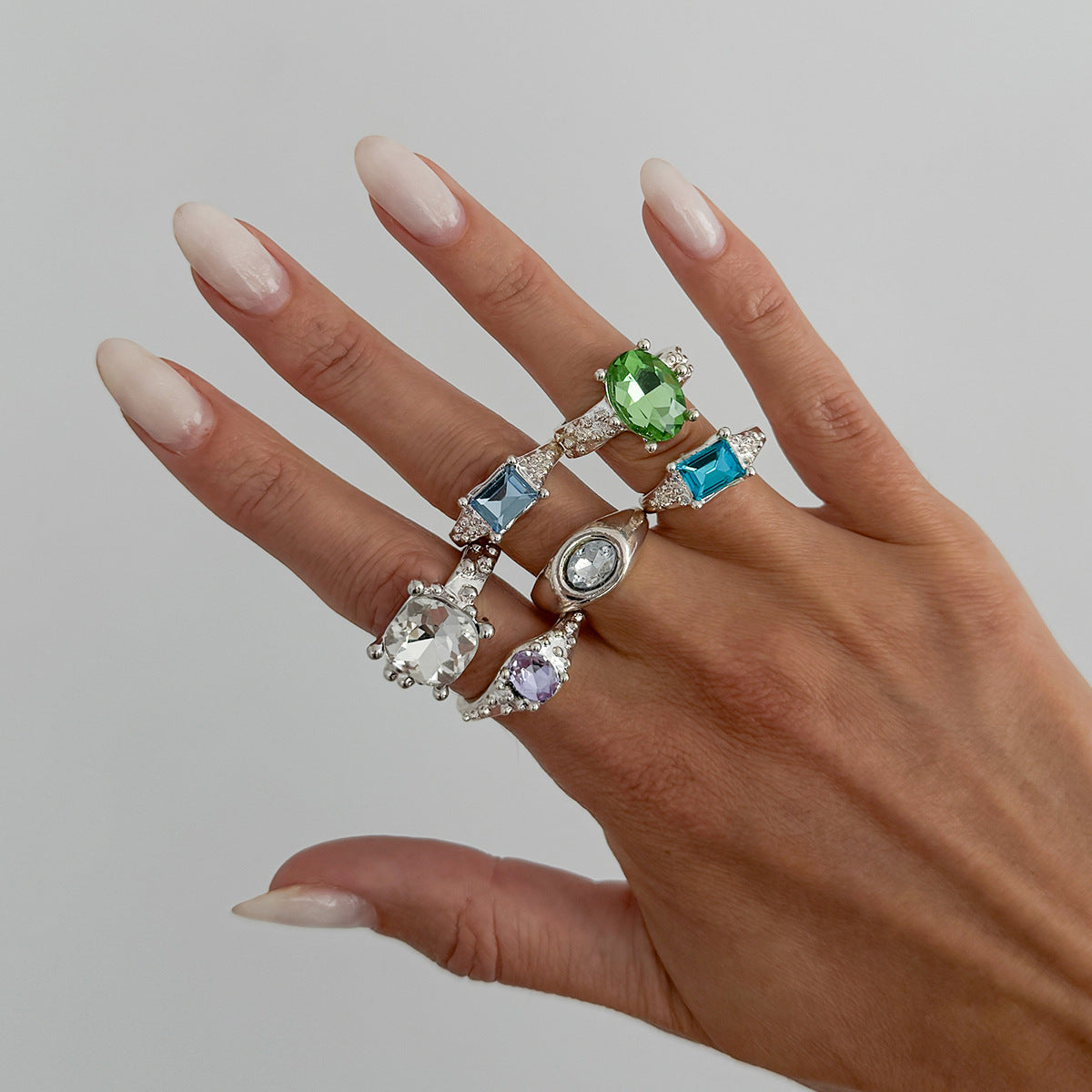 Sweet Geometric Square Zinc Alloy Plated Ring with Colorful Gemstone Inlay for Women
