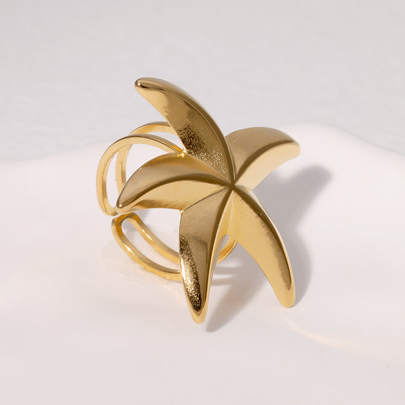 Anello aperto da donna minimalista a forma di stella marina in acciaio inossidabile con finitura galvanica