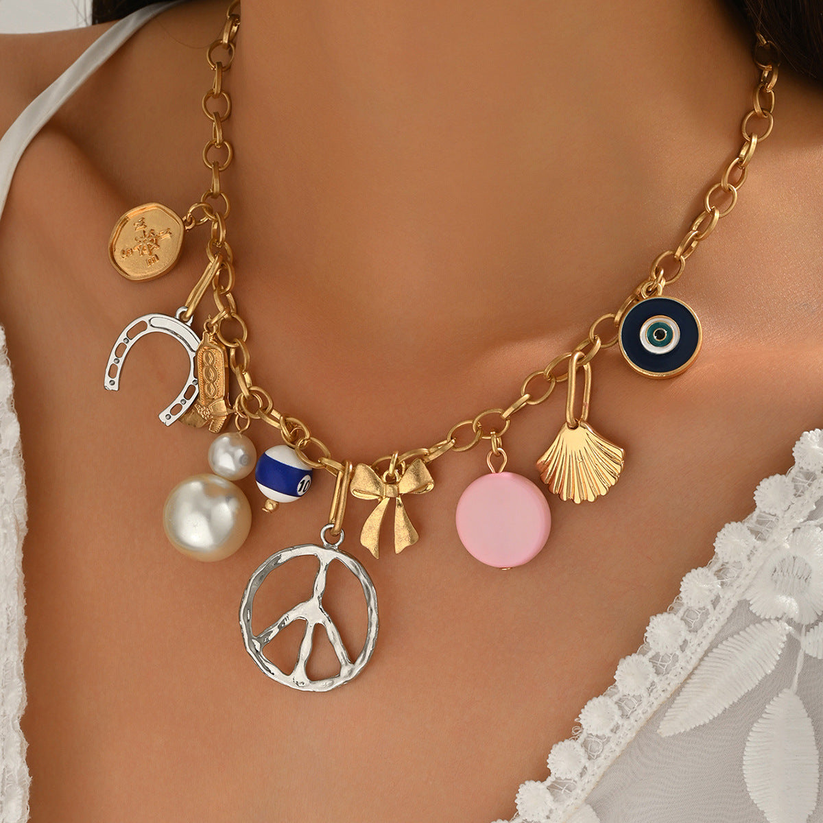 Geometric Rhombus Pearl Pendant Long Necklace for Women with Alloy Chain in Fashion Commuter Style