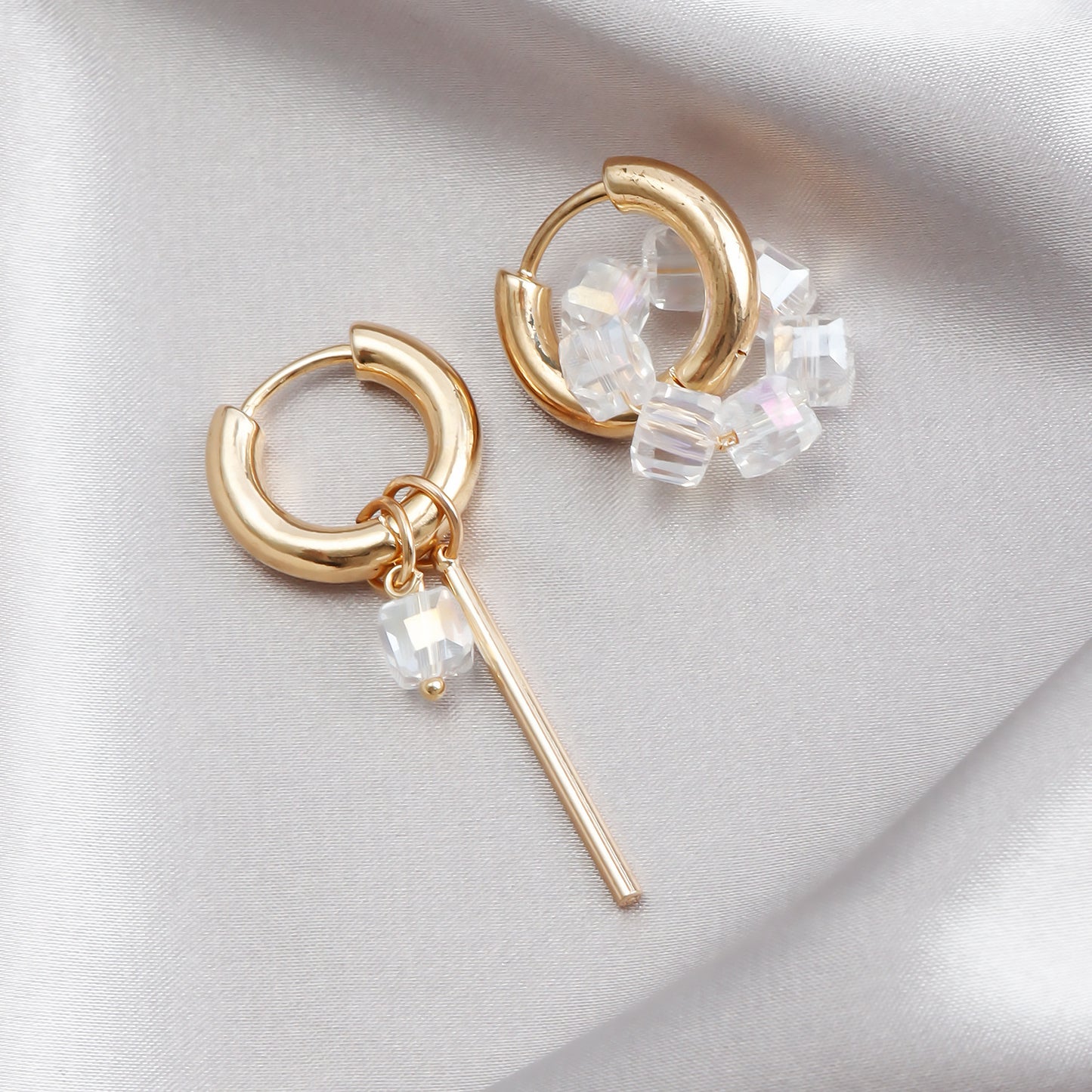 Geometric Asymmetrical Long Bar Crystal Beaded Hoop Earrings in Metal with Electroplating Finish