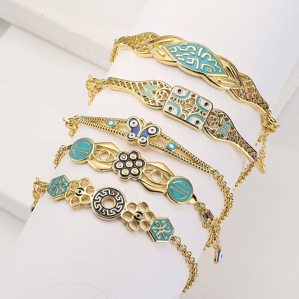 Bohemian Style Geometric Copper Bracelet with 18K Gold Plating and Enamel Finish for Women