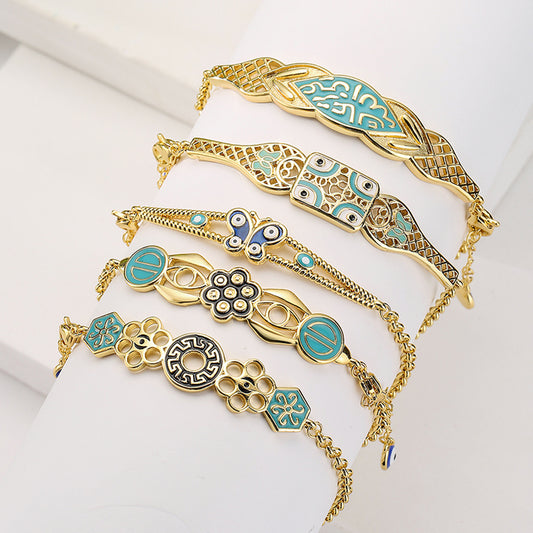 Bohemian Style Geometric Copper Bracelet with 18K Gold Plating and Enamel Finish for Women