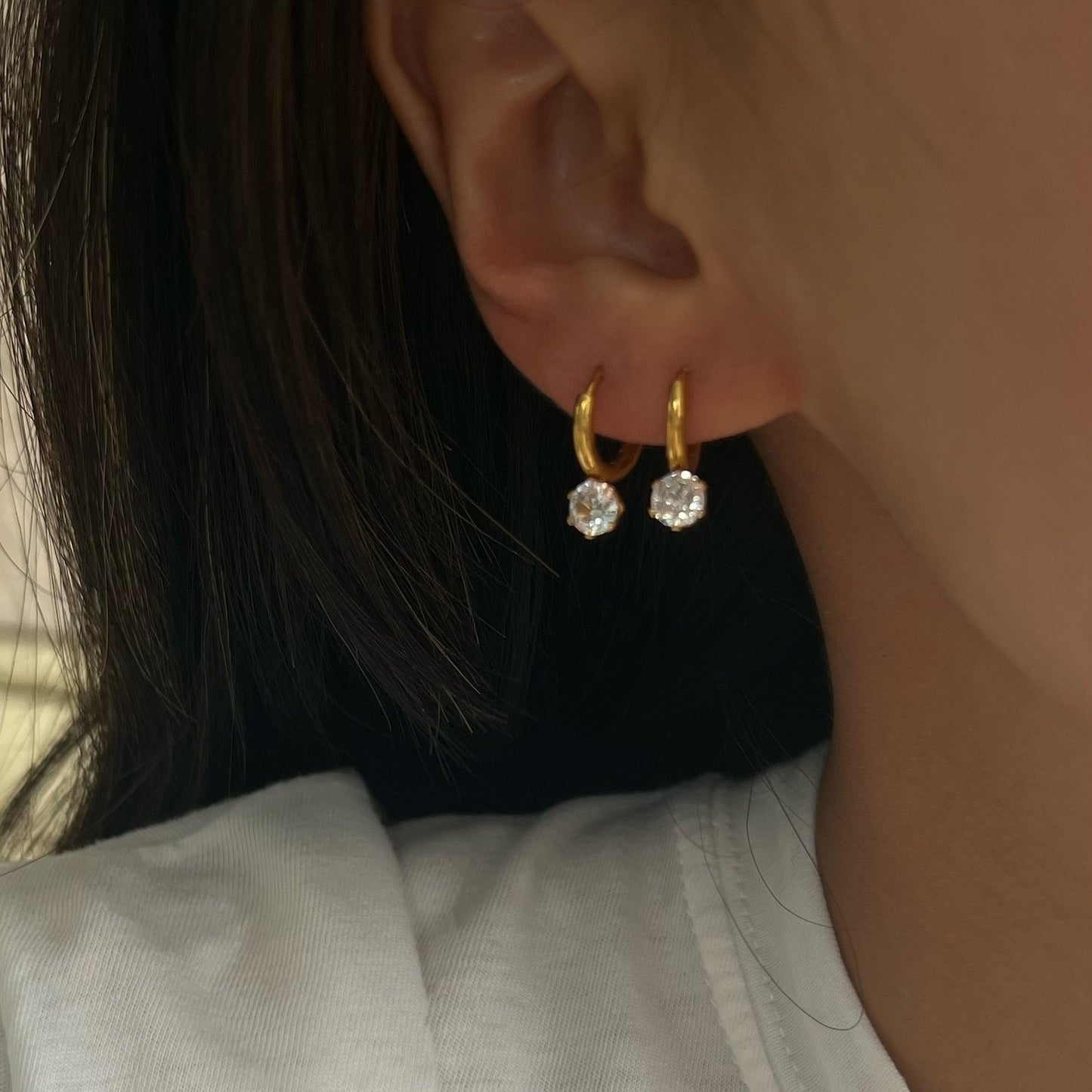 Minimalist Geometric Round Pendant Earrings in Titanium Steel with 18K Gold Plating and Rhinestone Inlay