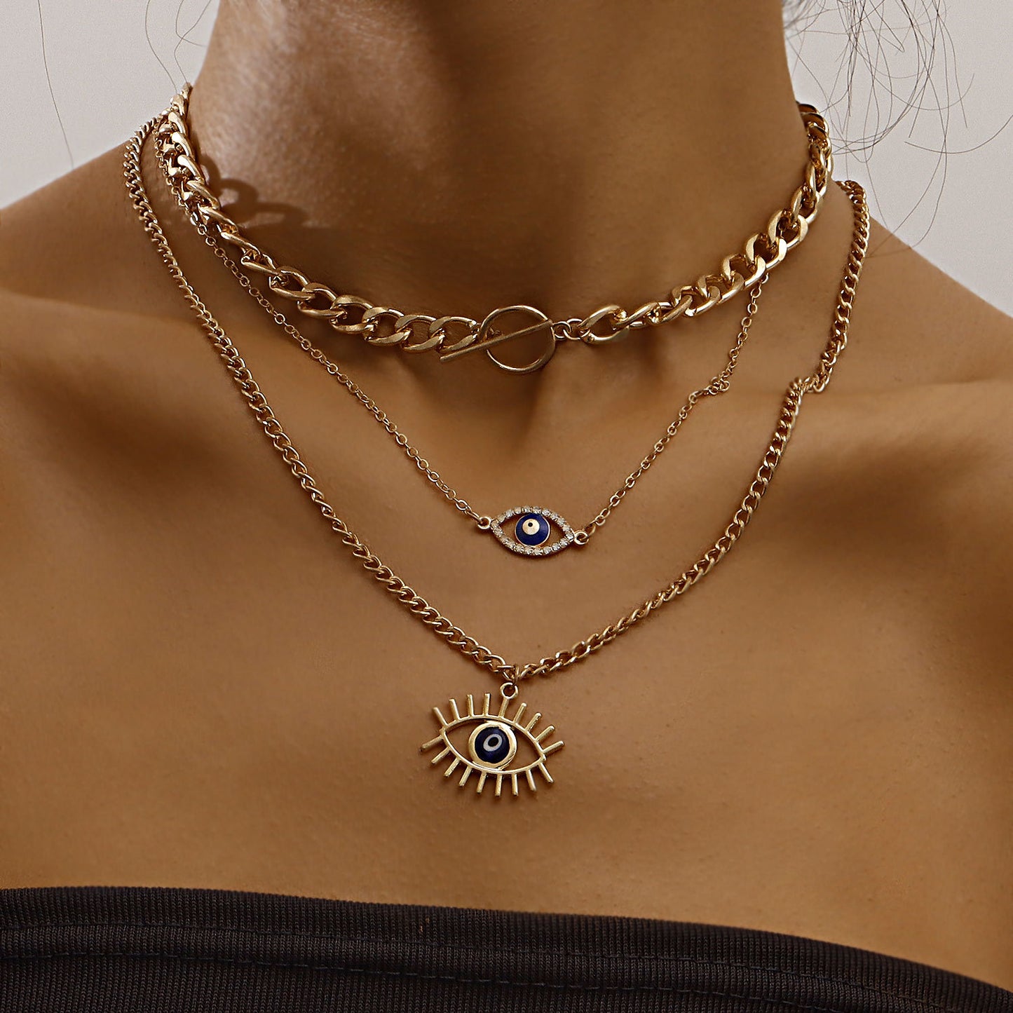 Geometric Blue Evil Eye Pendant Necklace for Women with Alloy Body and Rhinestone Inlay, Plated Finish, Clavicle Chain