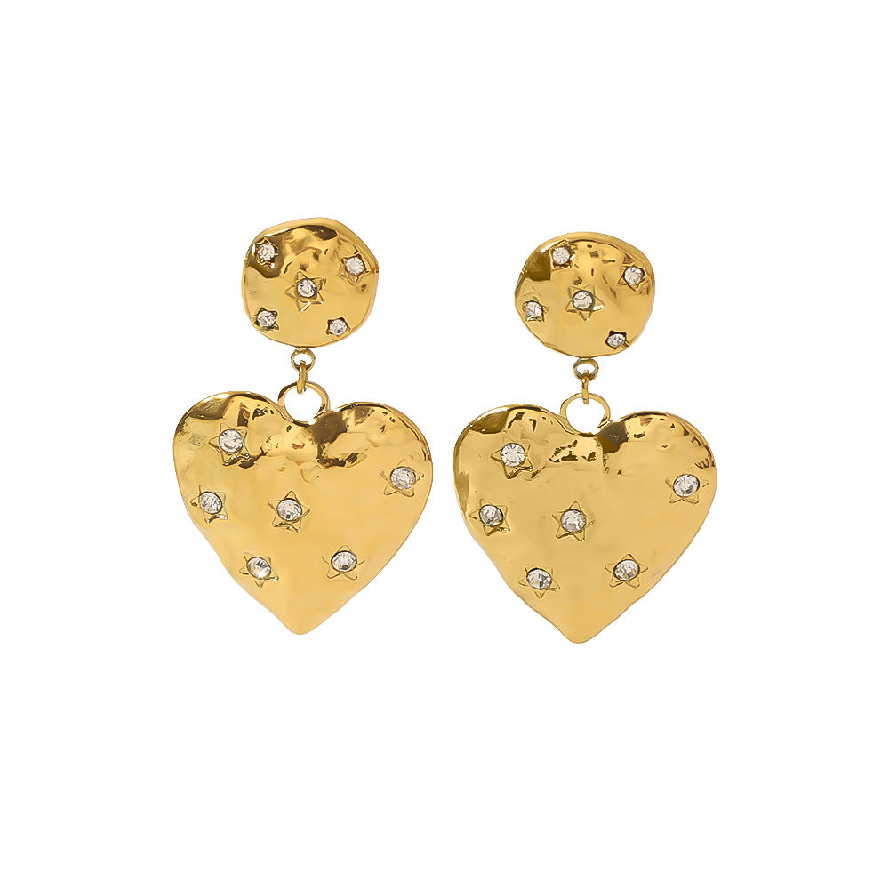 Orecchini vintage a cuore in acciaio al titanio con intarsio di strass e placcatura in oro 18 carati da donna