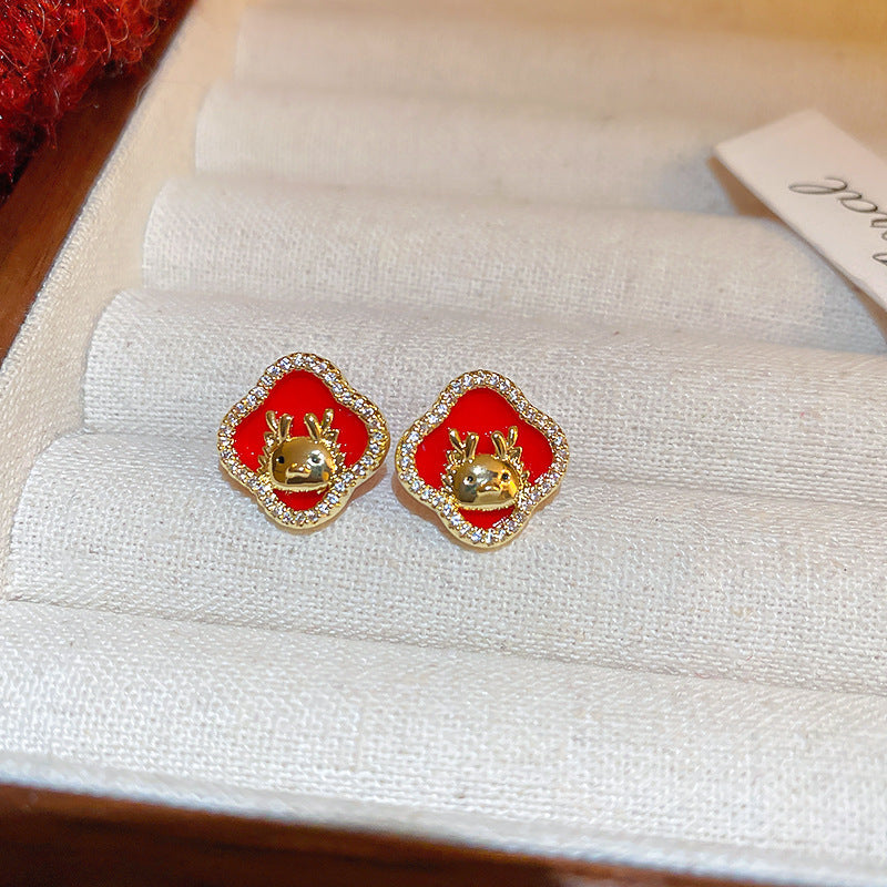 Elegant Geometric Dangle Stud Earrings for Women with Red Tassels, Alloy Base and Gold Plated Finish