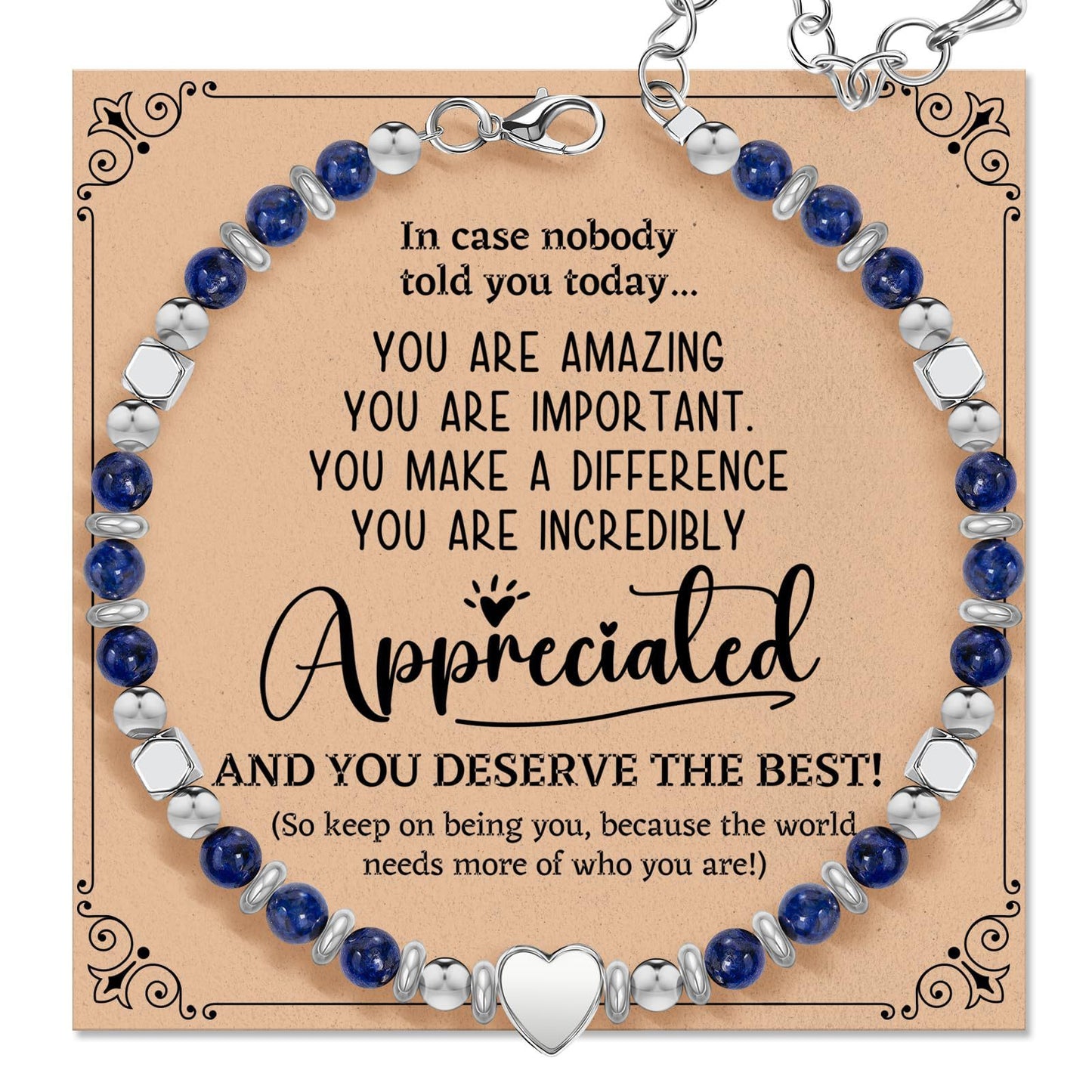 Natural Stone Lapis Lazuli Heart Charm Bar Stainless Steel Adjustable Bracelet Unisex Gift