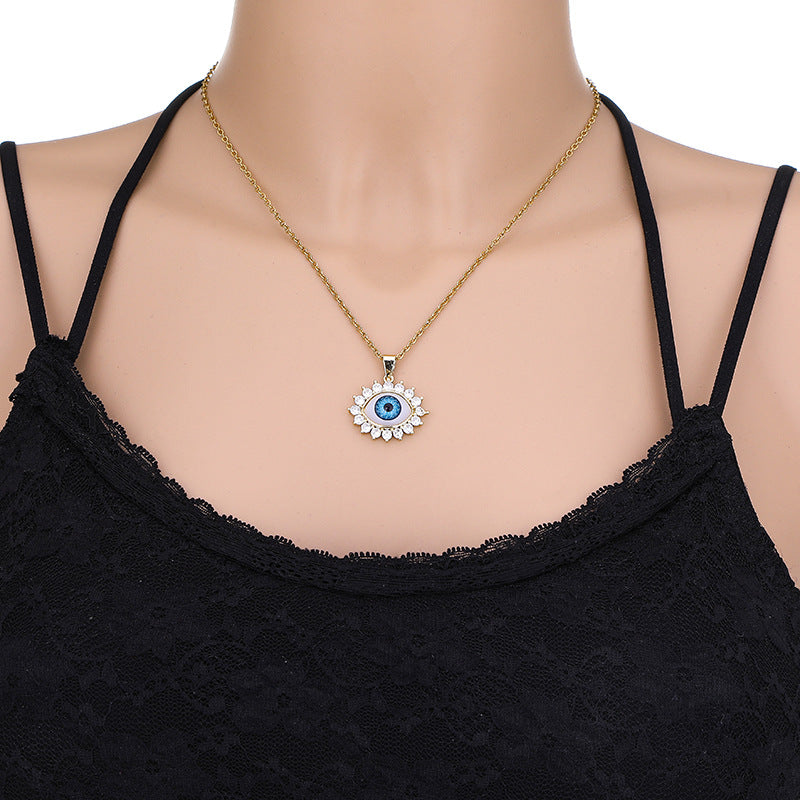 Collana vintage con occhio di Allah geometrico per uomo e donna in rame placcato oro su catena a maglie ovali