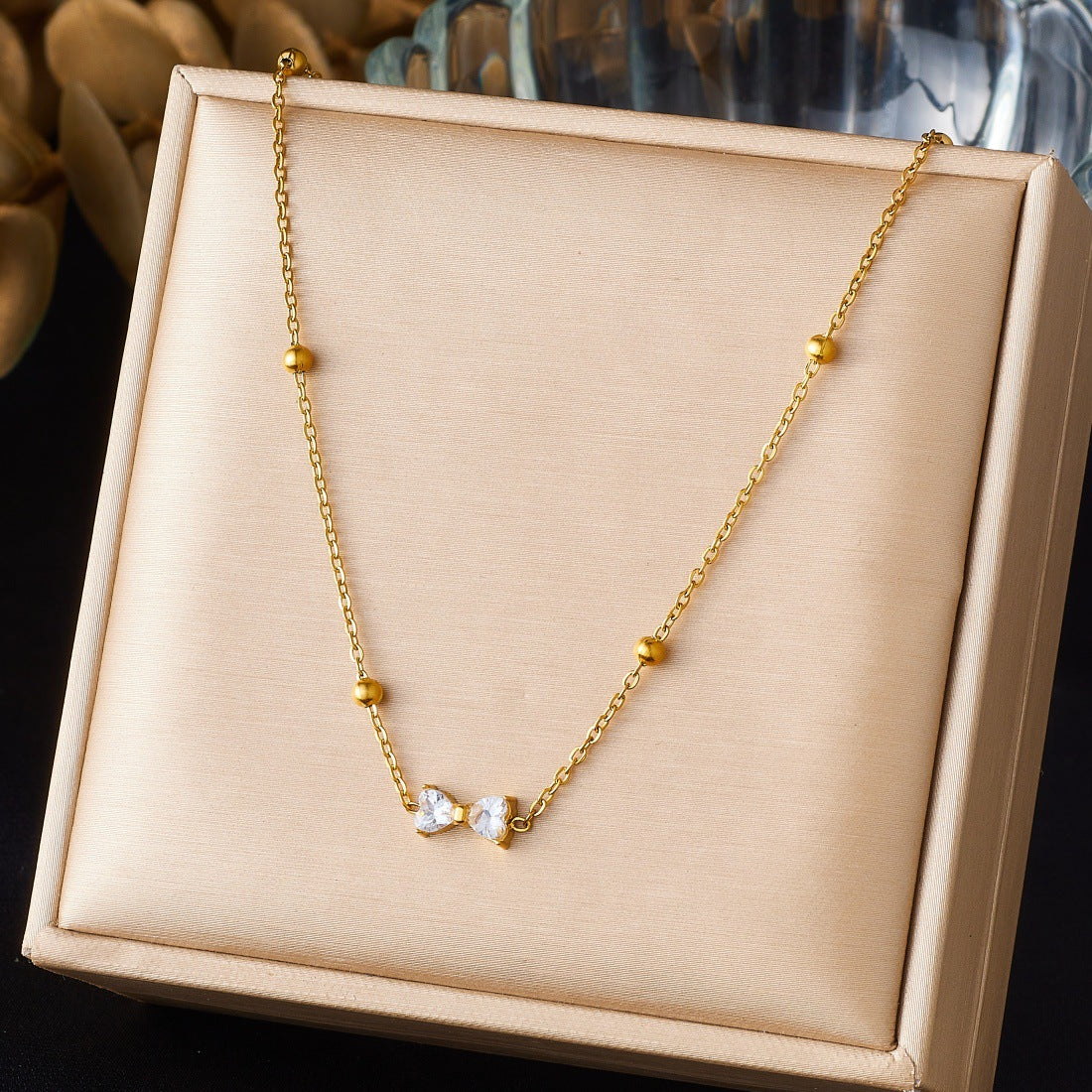Minimalist Gold Plated Stainless Steel Bow Knot Necklace with Cubic Zirconia for Women