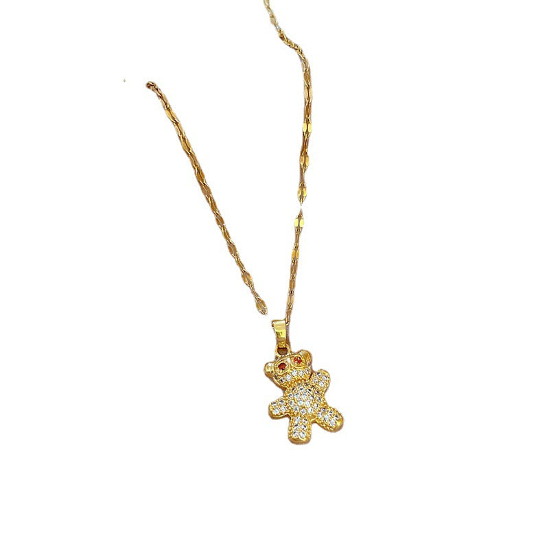 Luxury Minimalist Bear-Shaped Titanium Steel Necklace with Micro-Pave Rhinestone Accents for Women