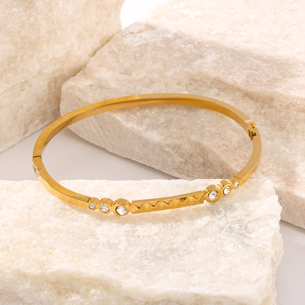 Bracciale da donna in acciaio inossidabile placcato oro 18 carati con motivo geometrico quadrato e circolare intarsiato di strass