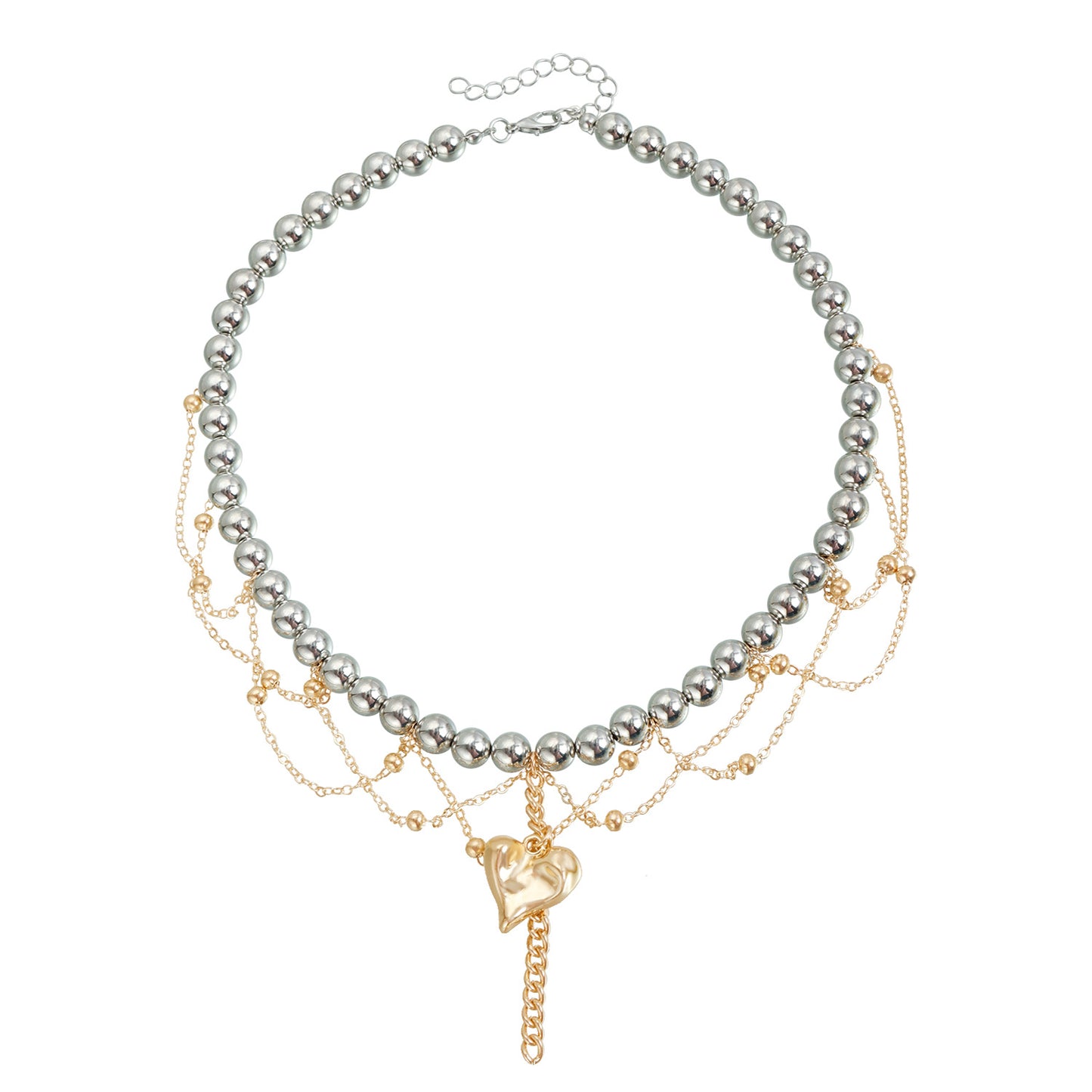 Collar con colgante minimalista de aleación en forma de corazón con borla y cuentas, cadena de medallón chapado para mujer