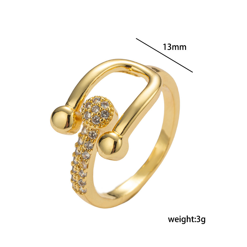 Minimalist Luxury U-Shaped Adjustable Horseshoe Ring in Copper with 18K Gold Plating and Micro-Pavé Zirconia