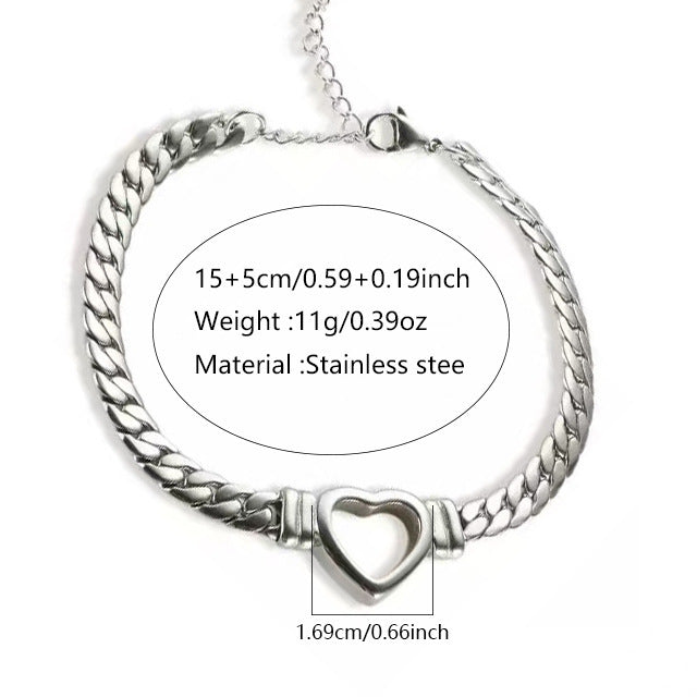 Set collana e bracciale a catena a maglie forate a cuore, minimalistici ed eleganti, in acciaio inossidabile e titanio, placcati, per donna
