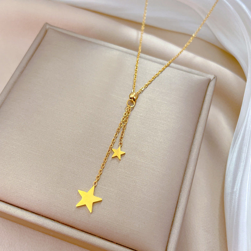 Minimalist Titanium Steel Star Pendant Necklace with Gold Plating for Women and Men, Adjustable Locket Chain Jewelry