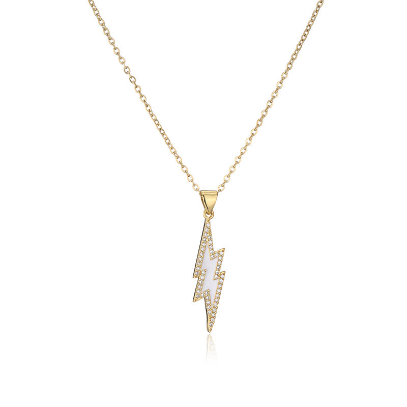 18K Gold Plated Brass Geometric Lightning Bolt Pendant Necklace with Cubic Zirconia and Drip Oil Detail on Cable Chain