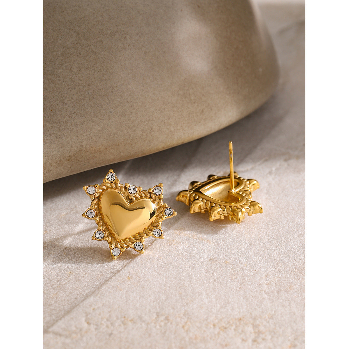 18K Gold Plated Heart Rhinestone Stainless Steel Earrings for Women