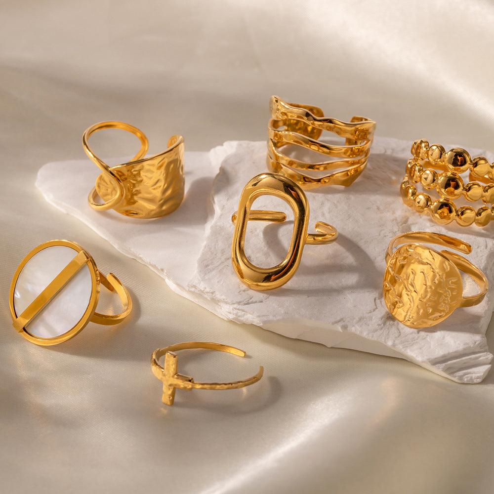 Anello regolabile in acciaio al titanio con motivo geometrico stile vintage francese e intarsio di gemme per donna