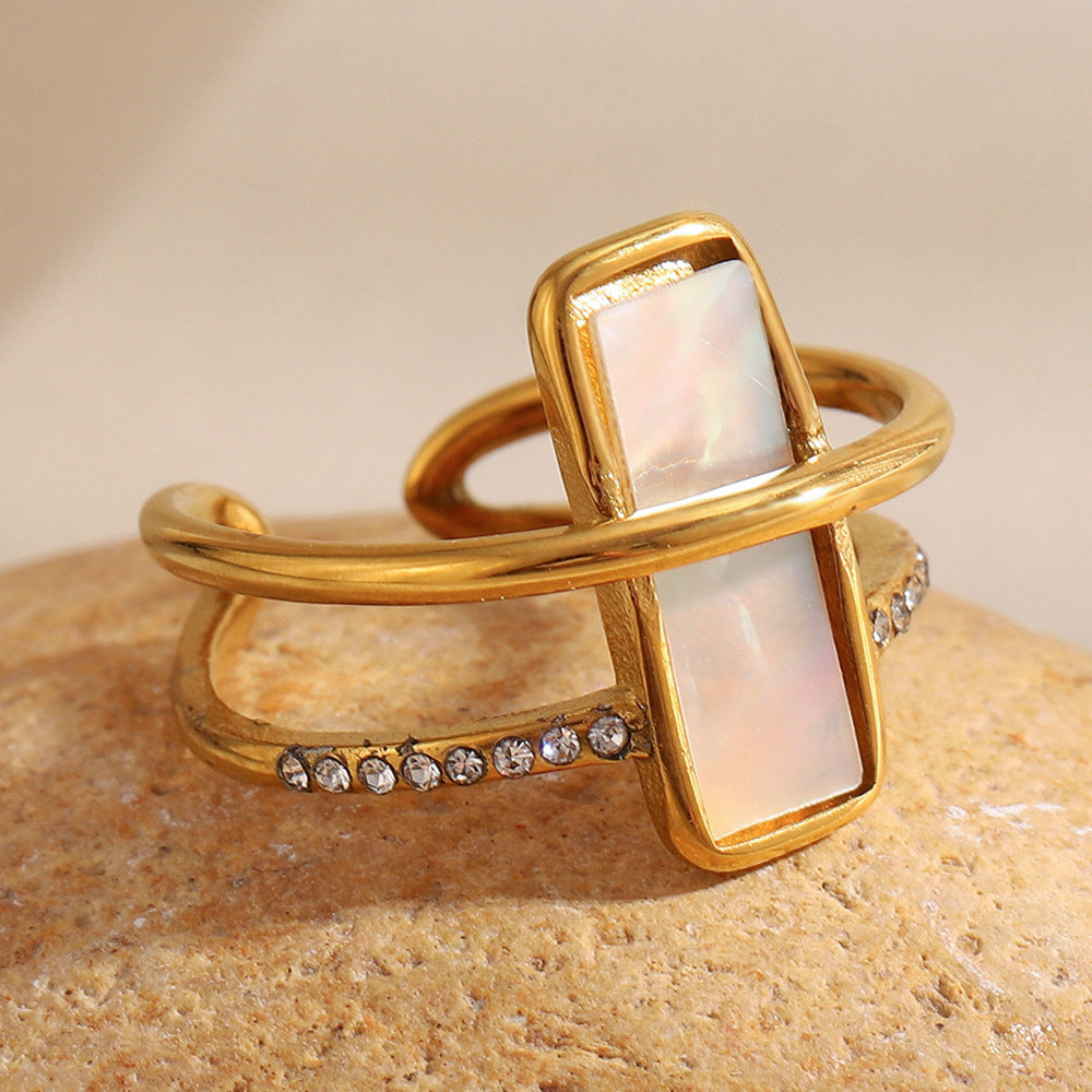 Minimalist Geometric Stainless Steel Ring with 18K Gold Plating White Abalone Inlay and Rhinestone Accents for Women
