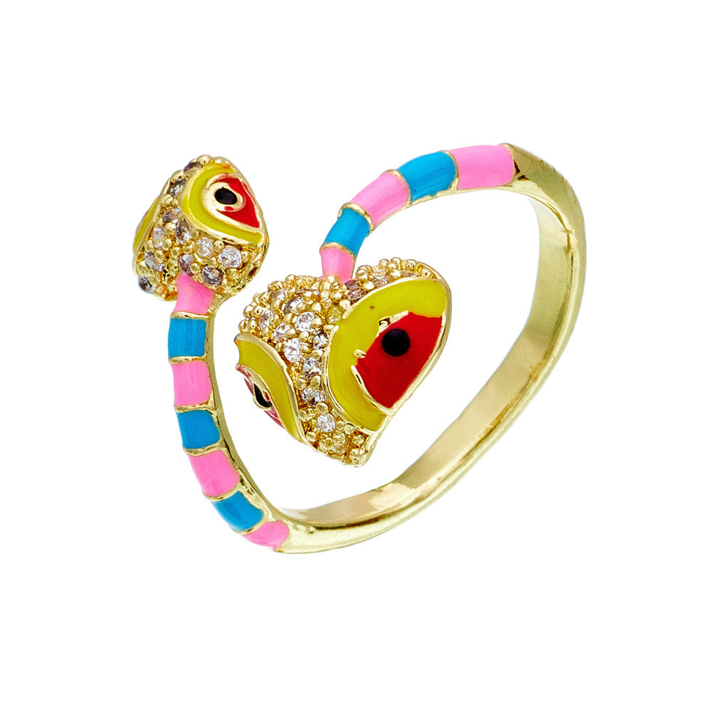 Anello geometrico minimalista in rame con zirconi micro-incastonati e finitura smaltata da donna