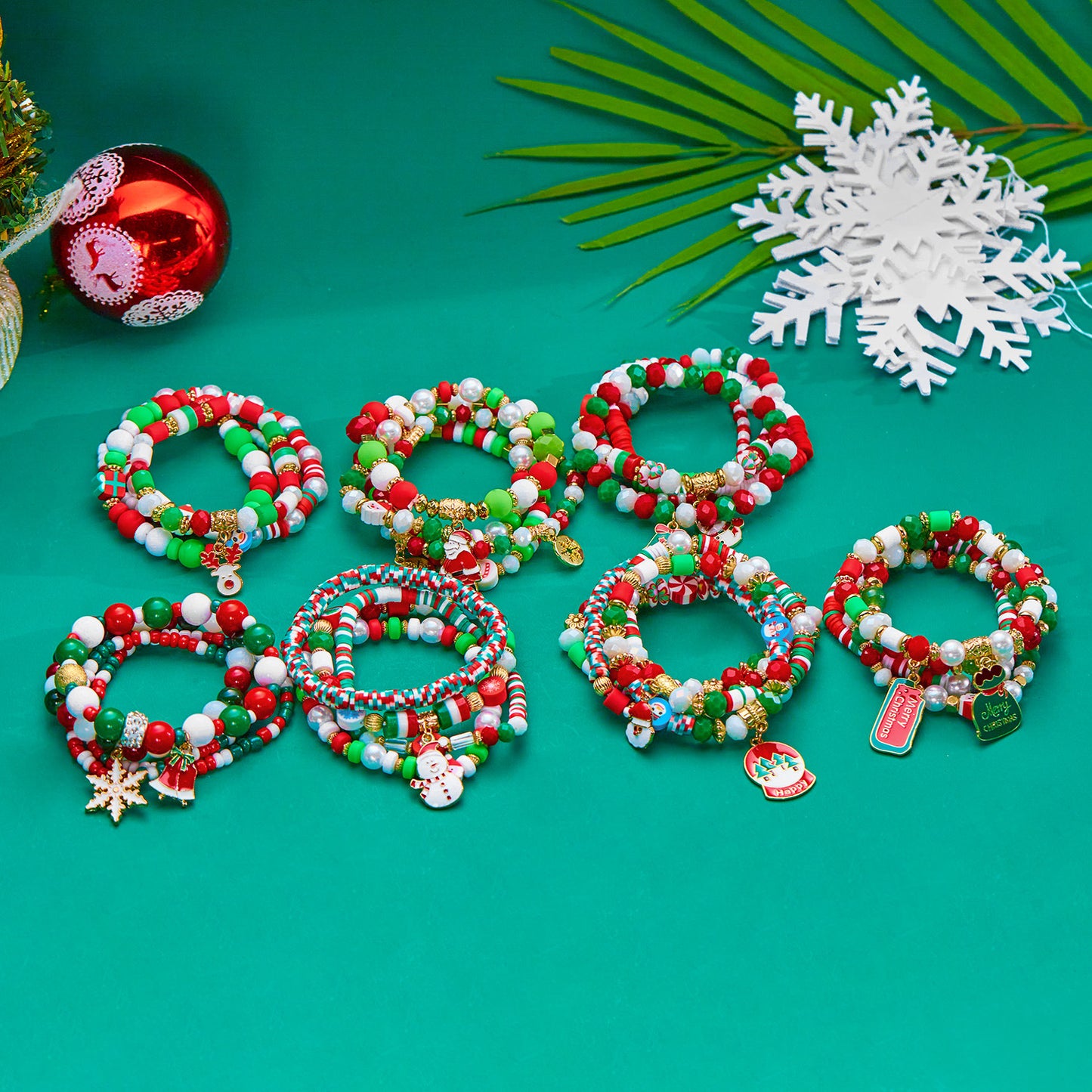 Ins Style Alphabet Beaded Bracelet Set with Polymer Clay Snowman and Santa Charms for Women