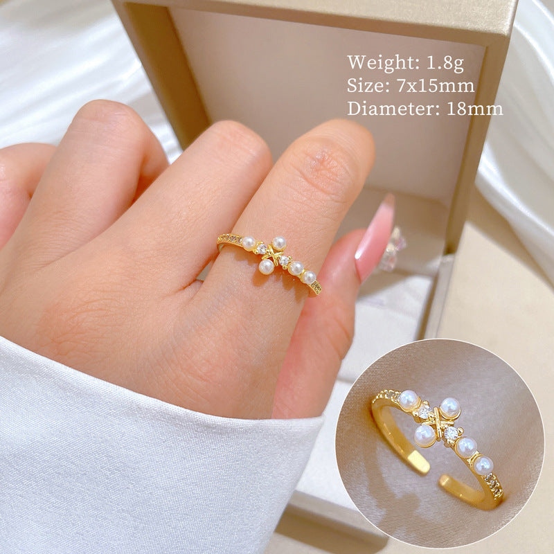 Minimalist Geometric Gold-Plated Brass Open Ring for Women with Crown Shape and Rhinestone Inlay