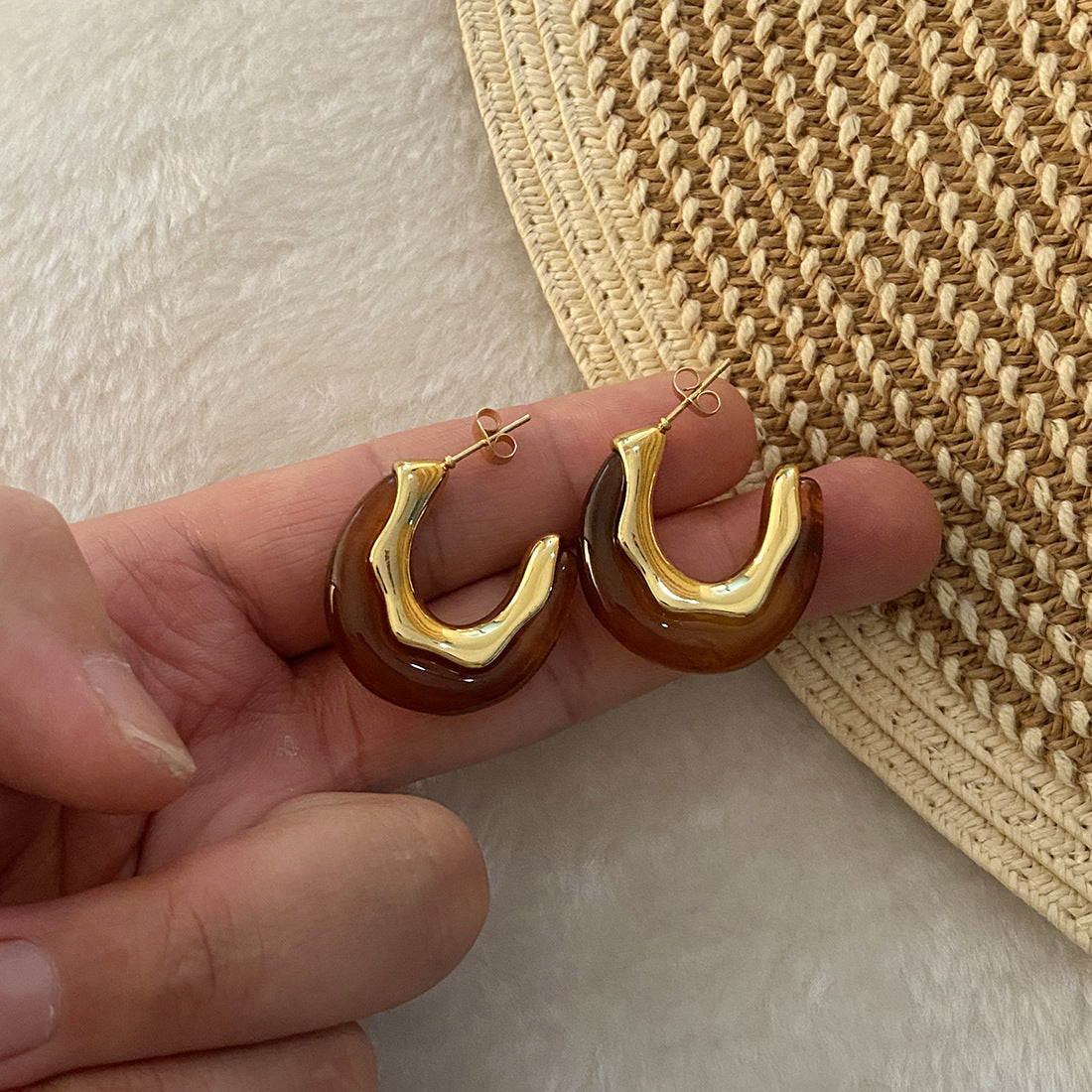 Orecchini a Cerchio Vintage in Acciaio Inox a C Geometrici con Finitura Placcata da Donna