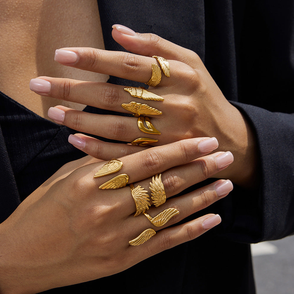 Anillo de acero de titanio con forma de ala geométrica para mujer con acabado chapado, joyería de moda minimalista