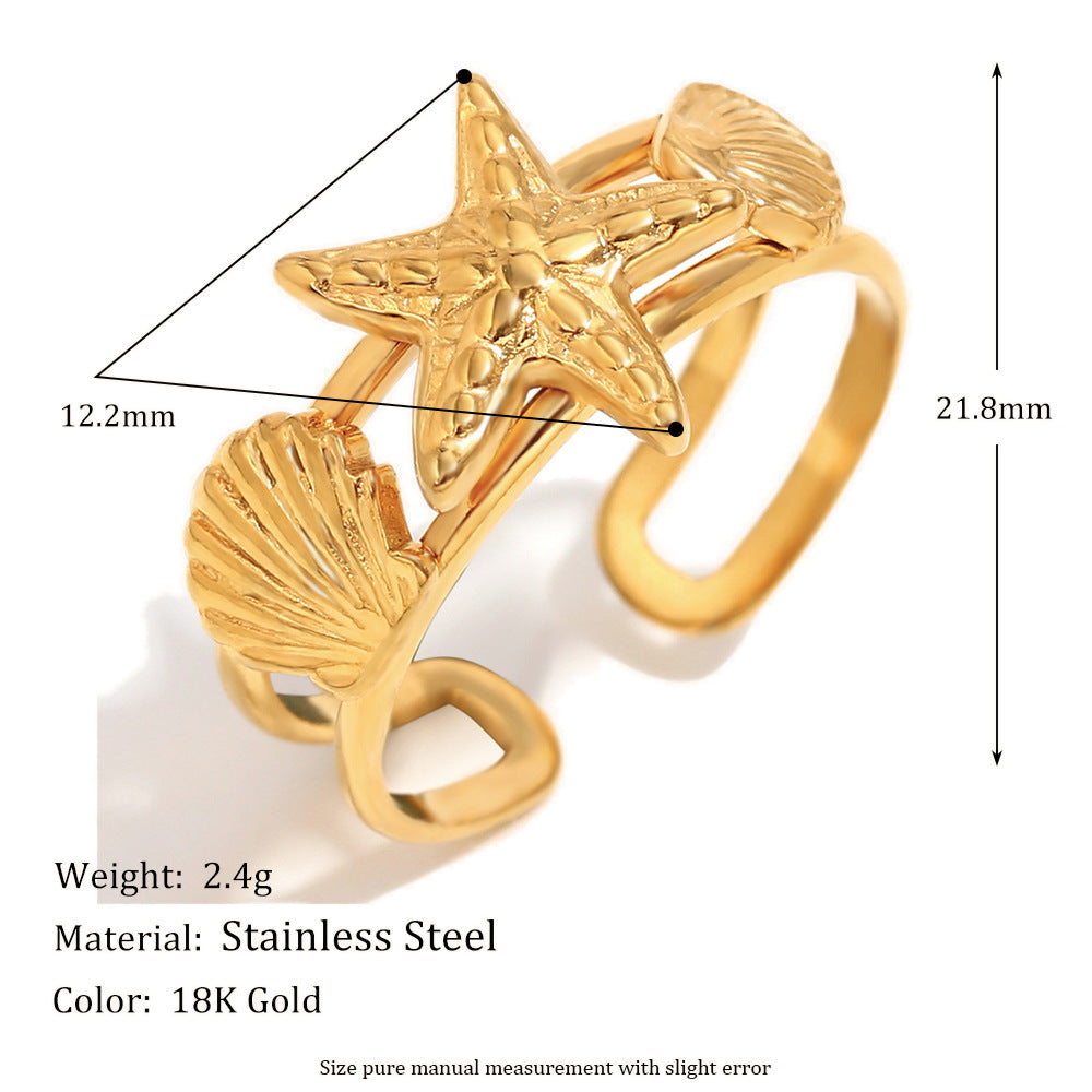 Anillo de Acero Inoxidable en Forma de Estrella con Baño de Oro de 18K para Mujer, Joyería Inspirada en el Océano con Motivos de Estrellas y Conchas