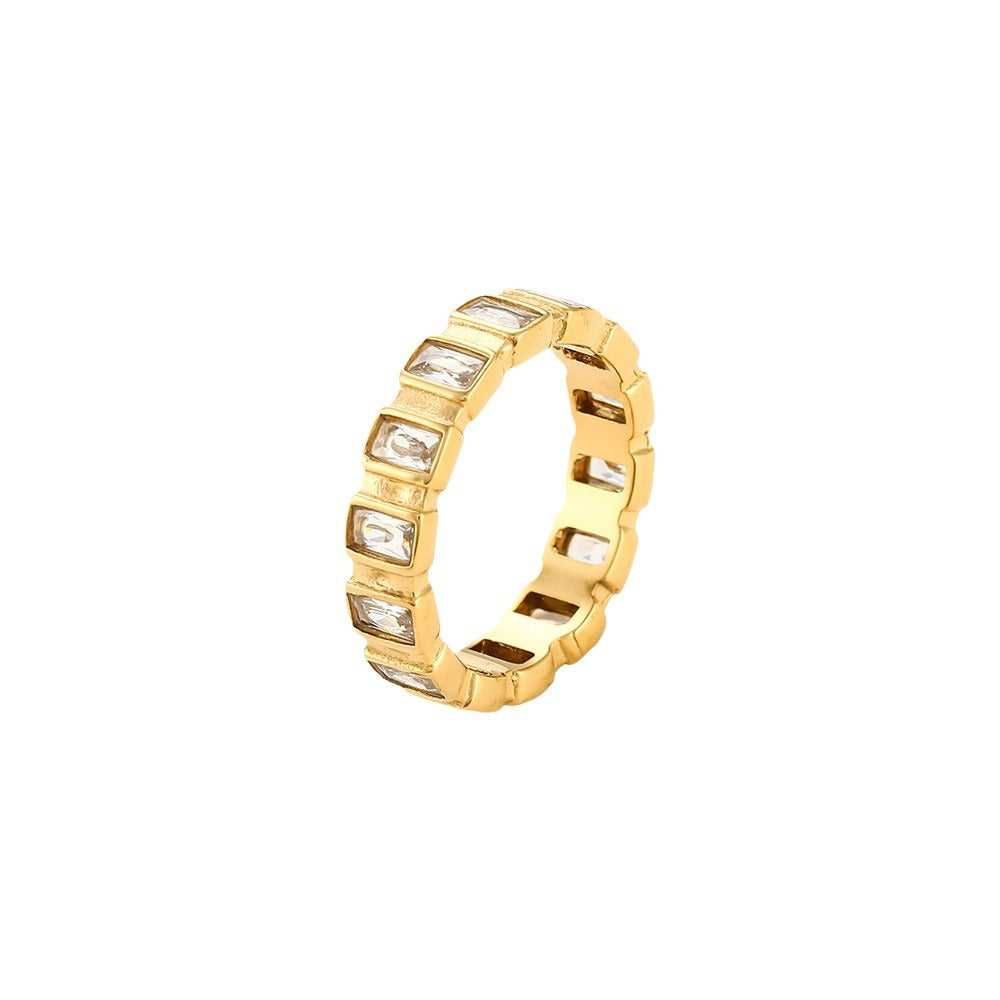 Anillo dorado para mujer de acero inoxidable con circonita incrustada, diseño geométrico minimalista, chapado al vacío, resistente al agua, a la moda
