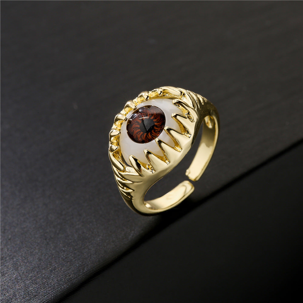 Geometric Micro-Inlay Gold Plated Brass Evil Eye Ring for Women