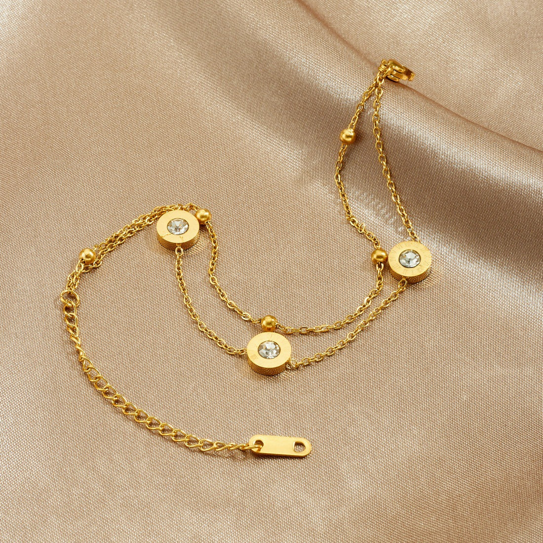 Minimalist Round Geometric Rhinestone Inlay Gold Plated Stainless Steel Double Layer Chain Bracelet with Roman Numerals