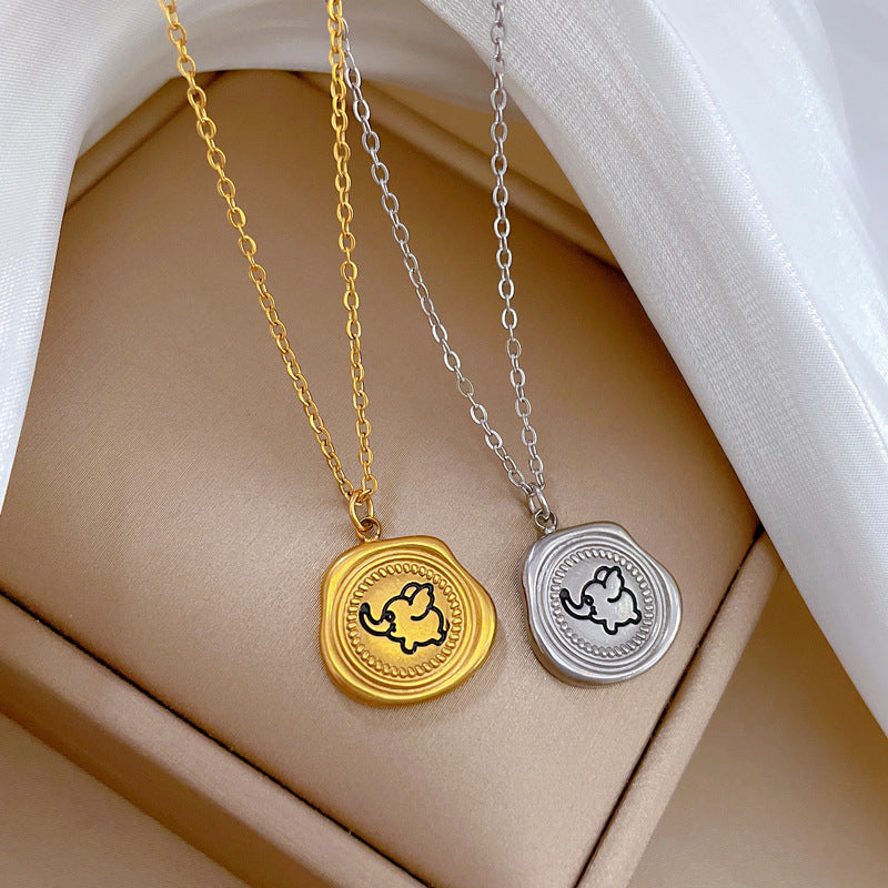 Minimalist Elephant Pendant Necklace for Women Titanium Steel Plated Locket Chain with Geometric Cut Corner Square Design