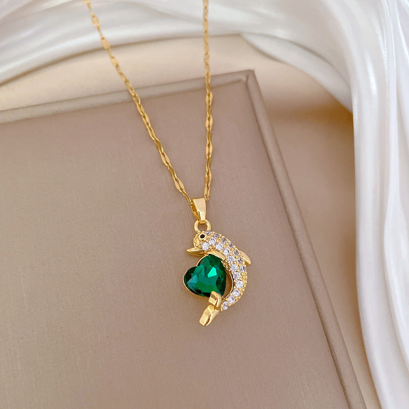 Minimalist Green Heart Dolphin Pendant Necklace for Women Stainless Steel Delicate Clavicle Chain with Rhinestone Accents
