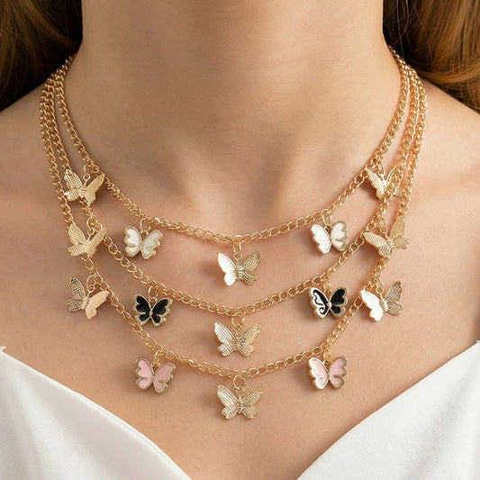 Minimalist Butterfly Pendant Necklace for Kids Alloy Metal Drop-Color Enamel Finish Round Bead Chain Children's Jewelry